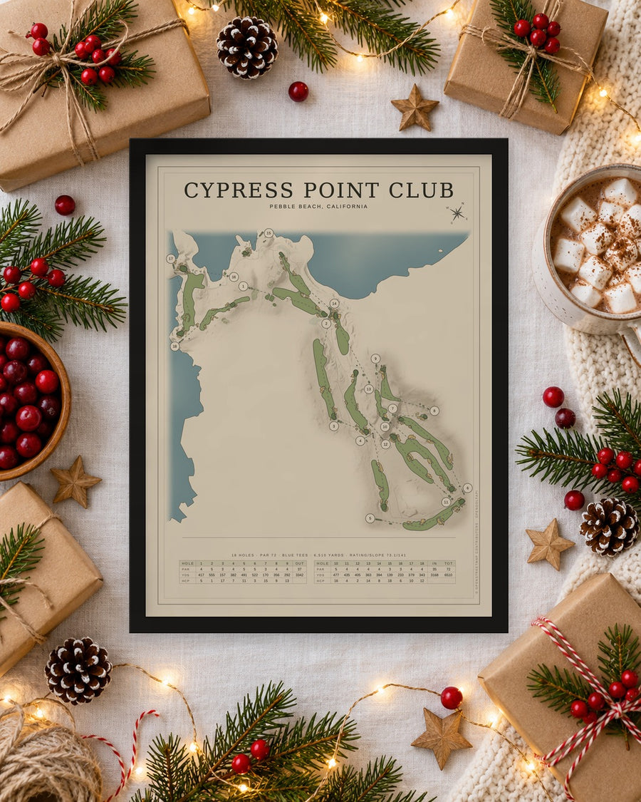 Framed Cypress Point course map in a Christmas flat lay