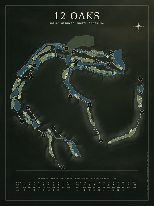 12 Oaks course map poster, Architectural style, 12×16 / 18×24