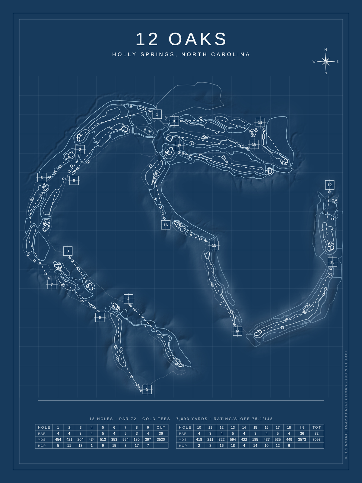 12 Oaks course map poster, Blueprint style, 12×16 / 18×24