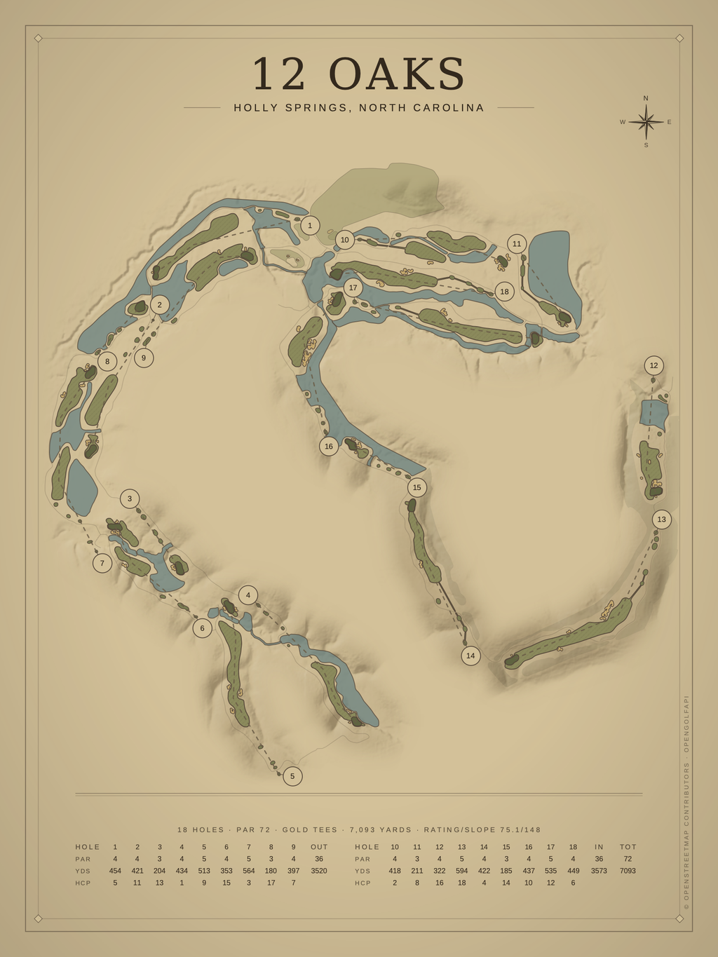 12 Oaks course map poster, Vintage style, 12×16 / 18×24