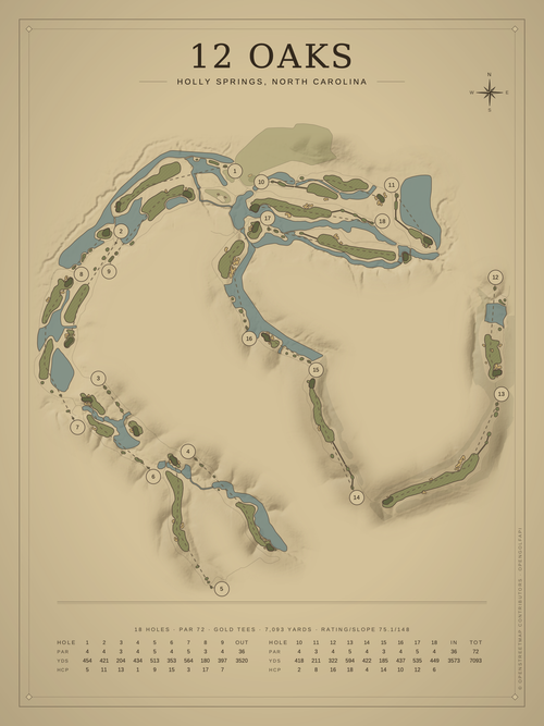 12 Oaks course map poster, Vintage style, 12×16 / 18×24