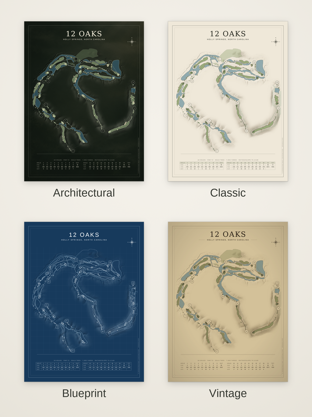 12 Oaks course map poster in four styles: Architectural, Classic, Blueprint and Vintage