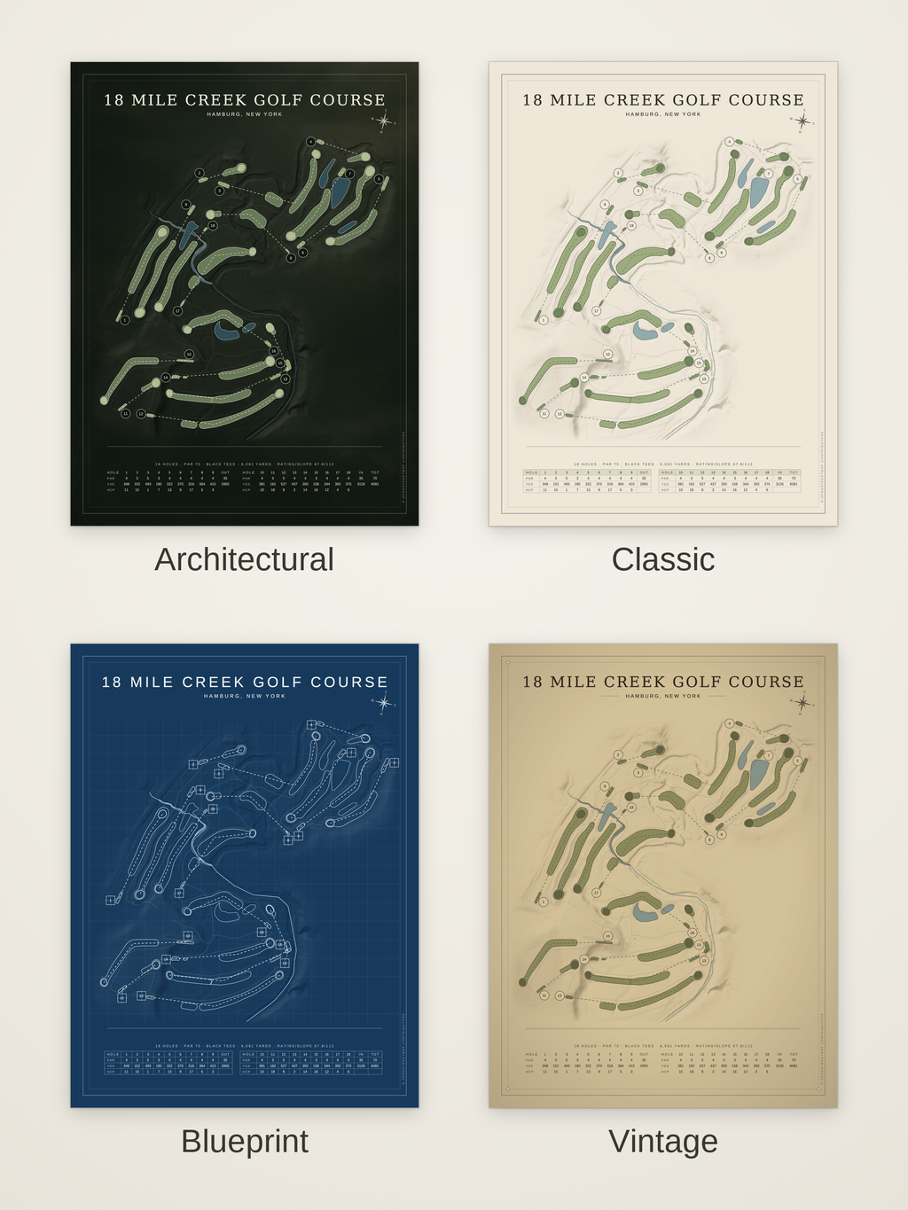 18 Mile Creek Golf Course map poster in four styles: Architectural, Classic, Blueprint and Vintage