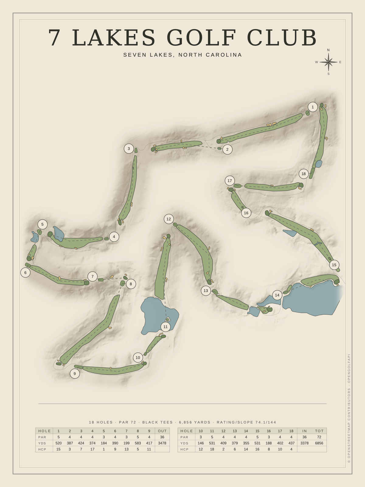 7 Lakes Golf Club course map poster, Classic style, 12×16 / 18×24