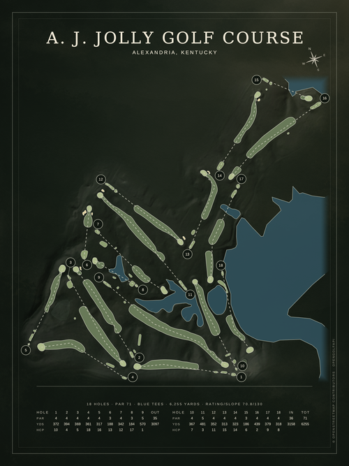 A. J. Jolly Golf Course course map poster, Architectural style, 12×16 / 18×24