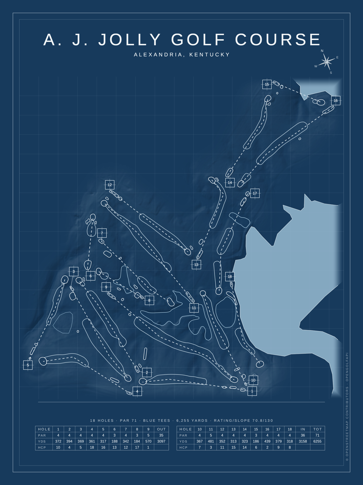 A. J. Jolly Golf Course map poster, Blueprint style, 12×16 / 18×24
