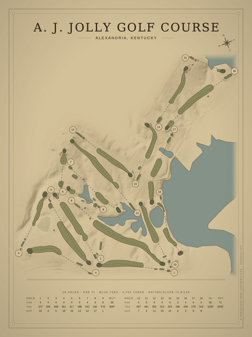 A. J. Jolly Golf Course course map poster, Vintage style, 12×16 / 18×24