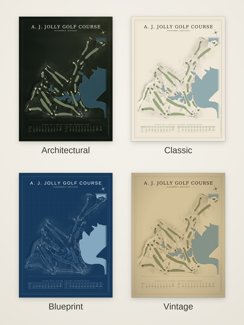 A. J. Jolly Golf Course map poster in four styles: Architectural, Classic, Blueprint and Vintage