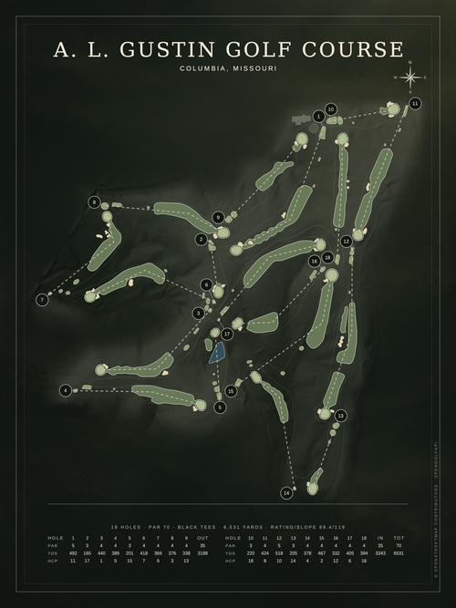 A. L. Gustin Golf Course course map poster, Architectural style, 12×16 / 18×24