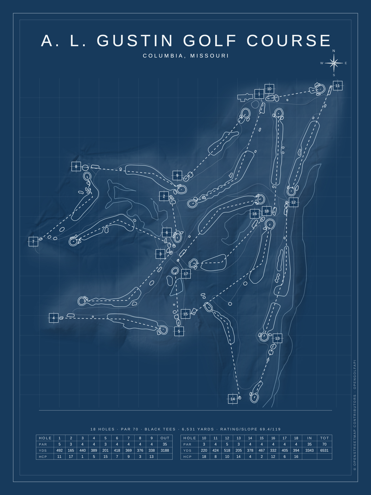 A. L. Gustin Golf Course map poster, Blueprint style, 12×16 / 18×24