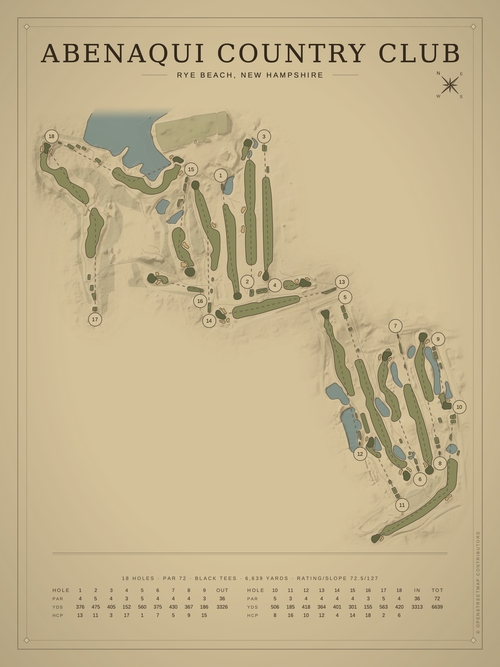 Abenaqui Country Club course map poster, Vintage style, 12×16 / 18×24
