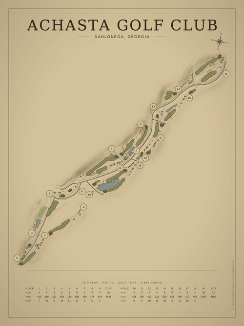 Achasta Golf Club course map poster, Vintage style, 12×16 / 18×24