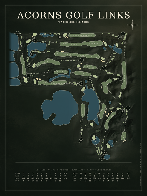 Acorns Golf Links course map poster, Architectural style, 12×16 / 18×24