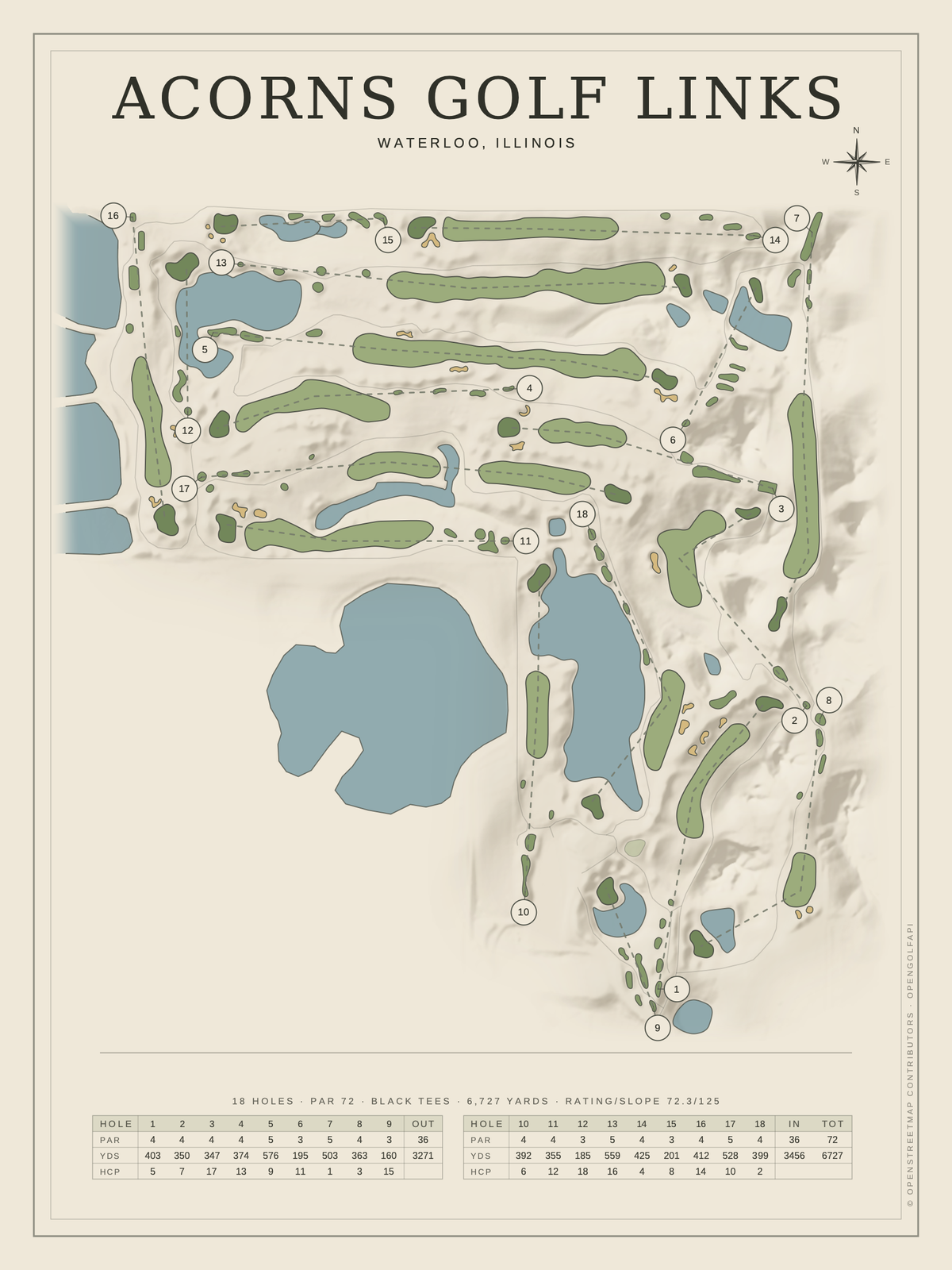 Acorns Golf Links course map poster, Classic style, 12×16 / 18×24