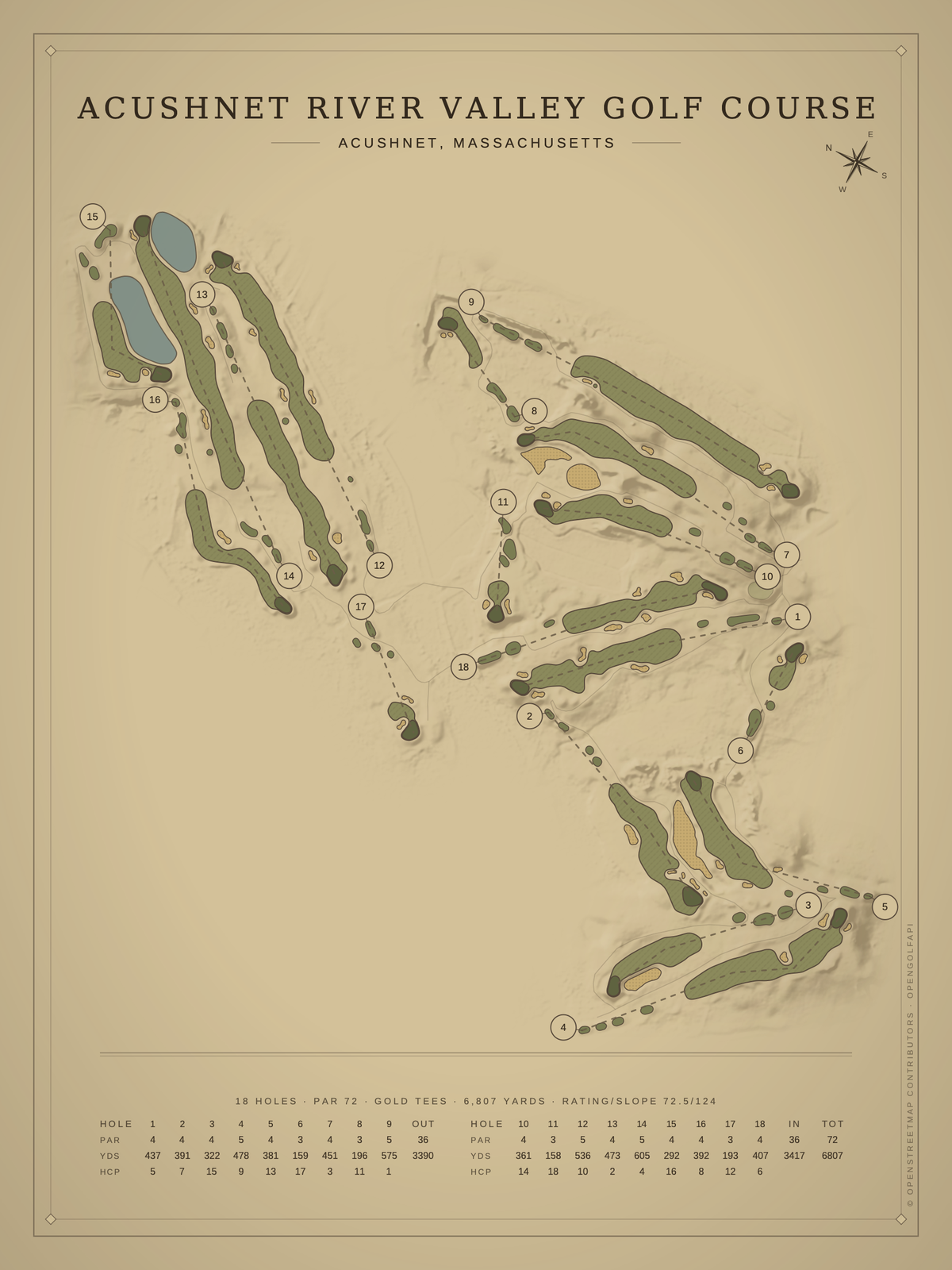 Acushnet River Valley Golf Course map poster, Vintage style, 12×16 / 18×24