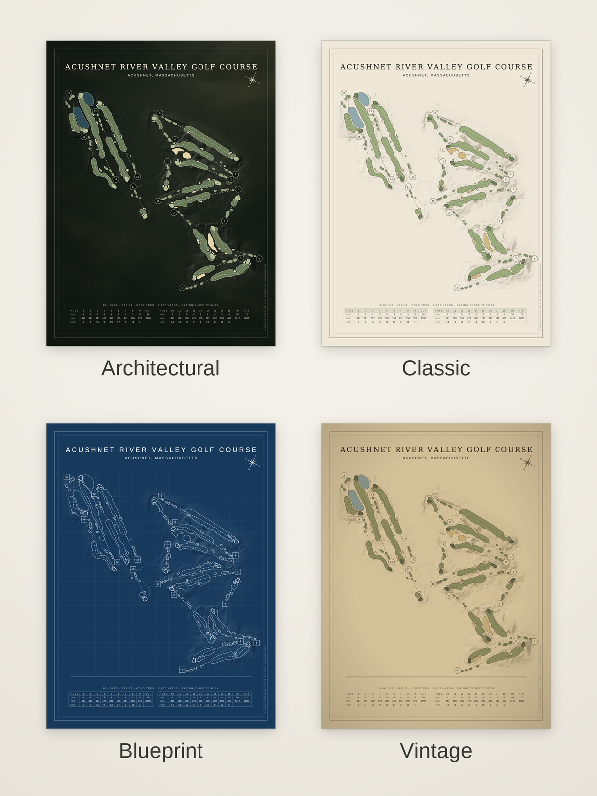 Acushnet River Valley Golf Course map poster in four styles: Architectural, Classic, Blueprint and Vintage