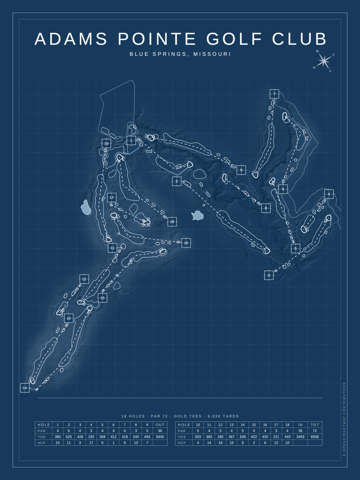 Adams Pointe Golf Club course map poster, Blueprint style, 12×16 / 18×24