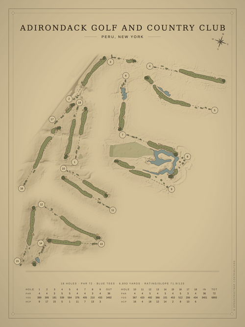 Adirondack Golf And Country Club course map poster, Vintage style, 12×16 / 18×24