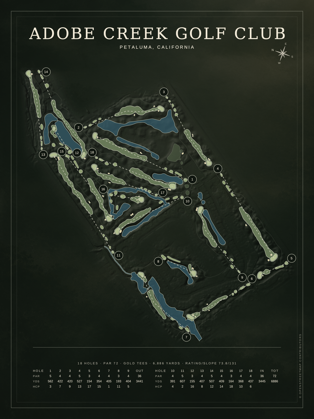 Adobe Creek Golf Club course map poster, Architectural style, 12×16 / 18×24
