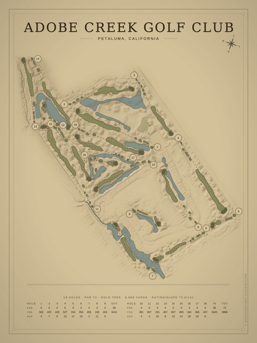 Adobe Creek Golf Club course map poster, Vintage style, 12×16 / 18×24