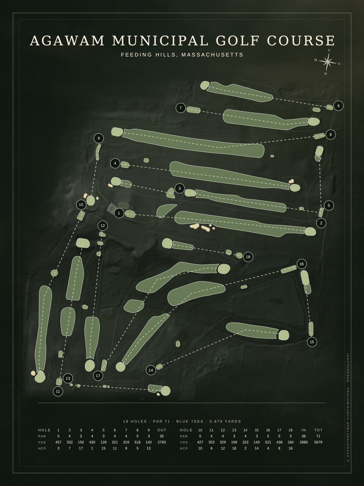 Agawam Municipal Golf Course map poster, Architectural style, 12×16 / 18×24