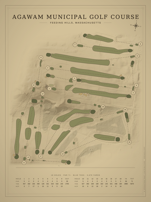 Agawam Municipal Golf Course course map poster, Vintage style, 12×16 / 18×24