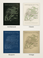 Agawam Municipal Golf Course map poster in four styles: Architectural, Classic, Blueprint and Vintage