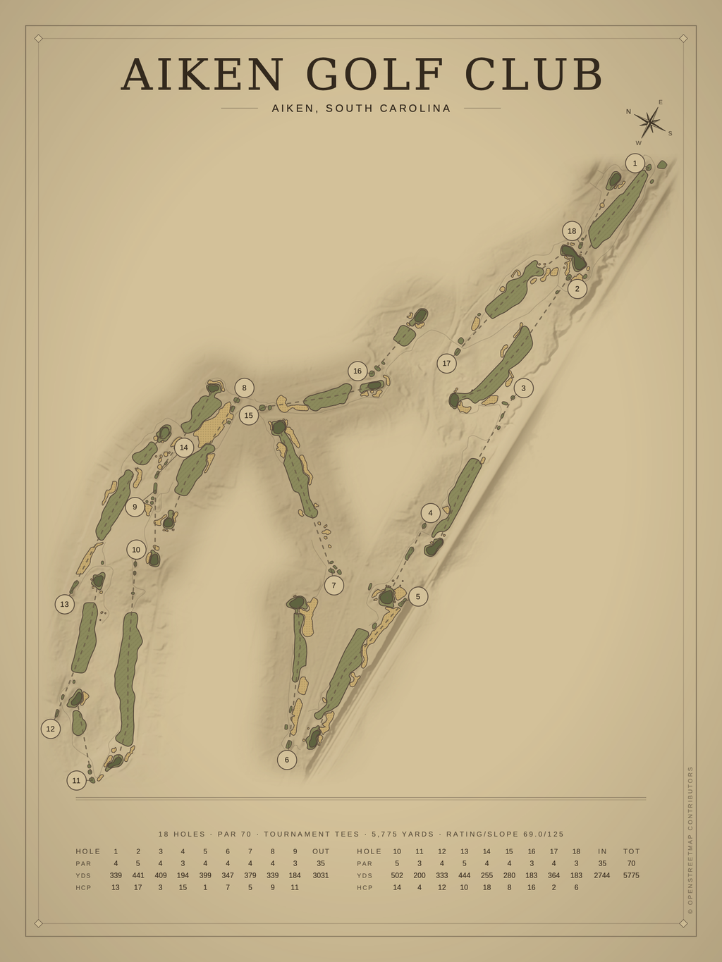 Aiken Golf Club course map poster, Vintage style, 12×16 / 18×24