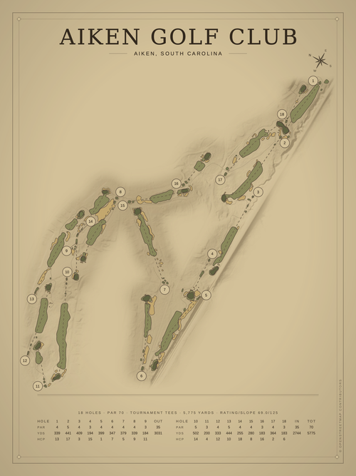 Aiken Golf Club course map poster, Vintage style, 12×16 / 18×24