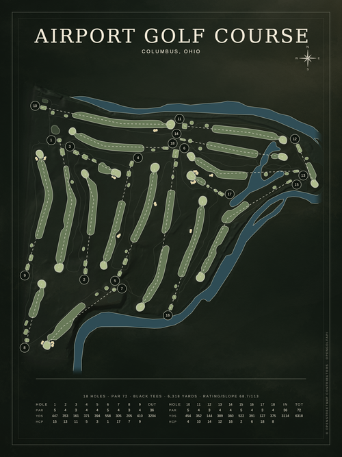 Airport Golf Course course map poster, Architectural style, 12×16 / 18×24