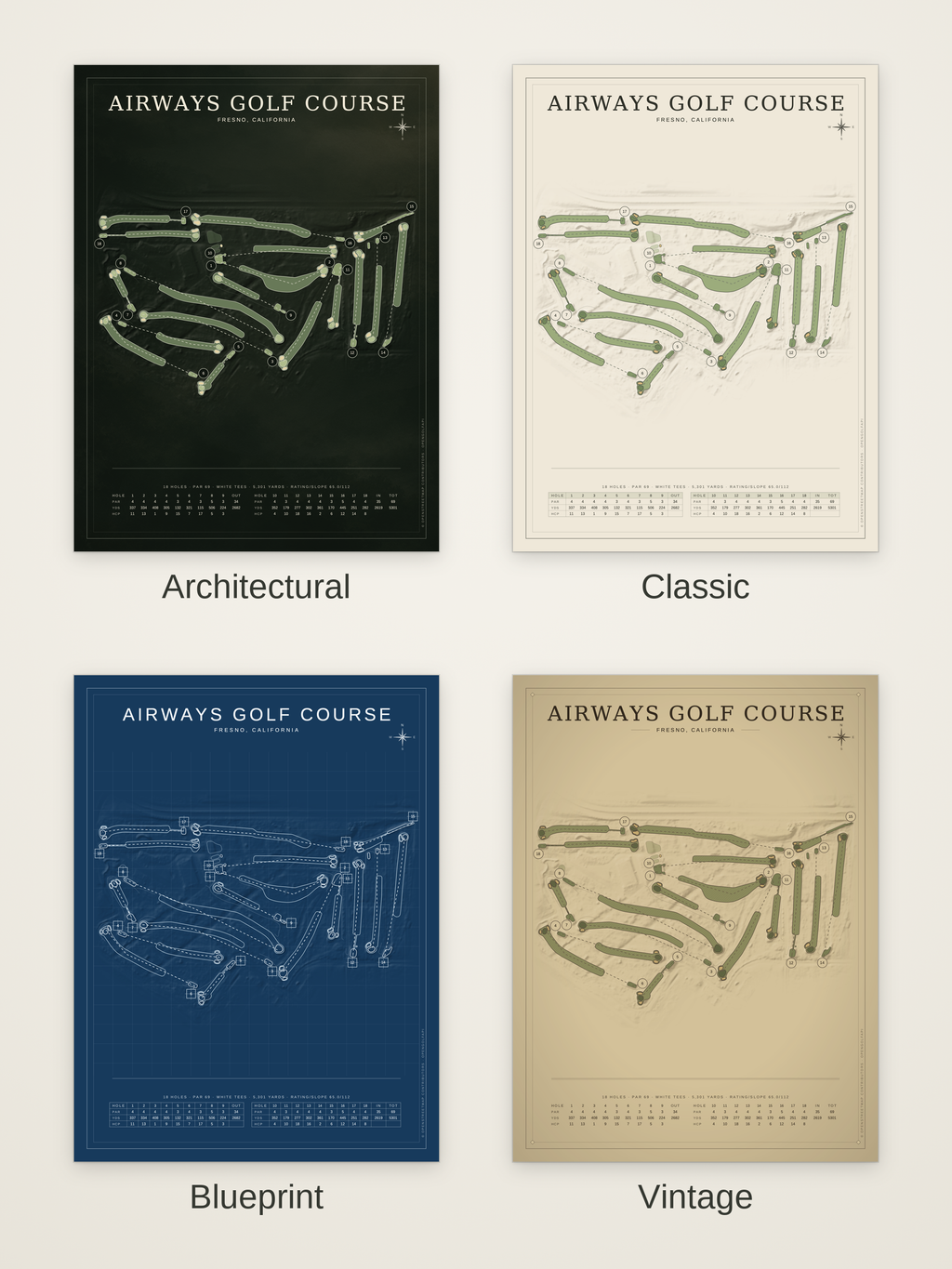 Airways Golf Course map poster in four styles: Architectural, Classic, Blueprint and Vintage