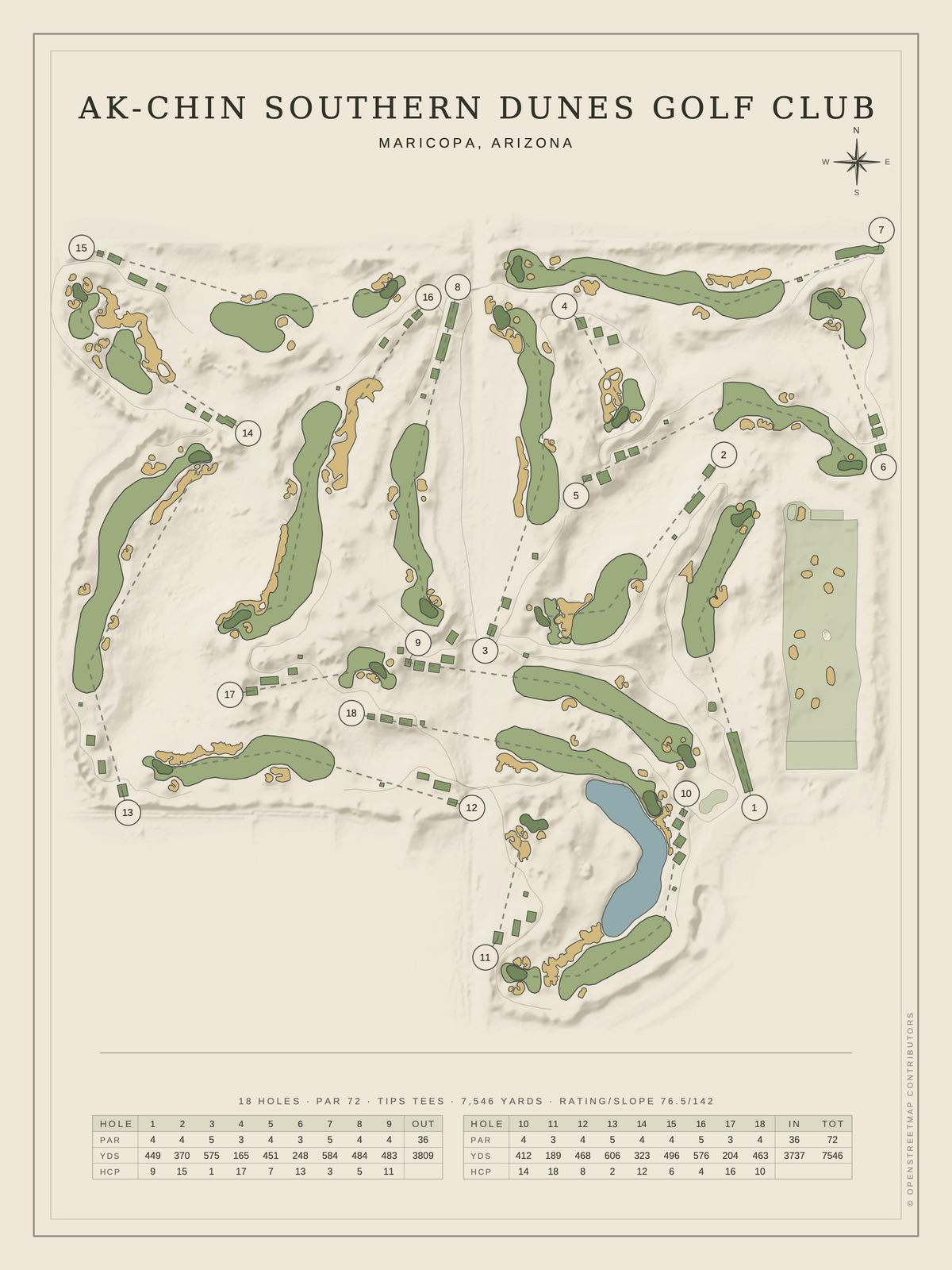 Ak-Chin Southern Dunes Golf Club course map poster, Classic style, 12×16 / 18×24