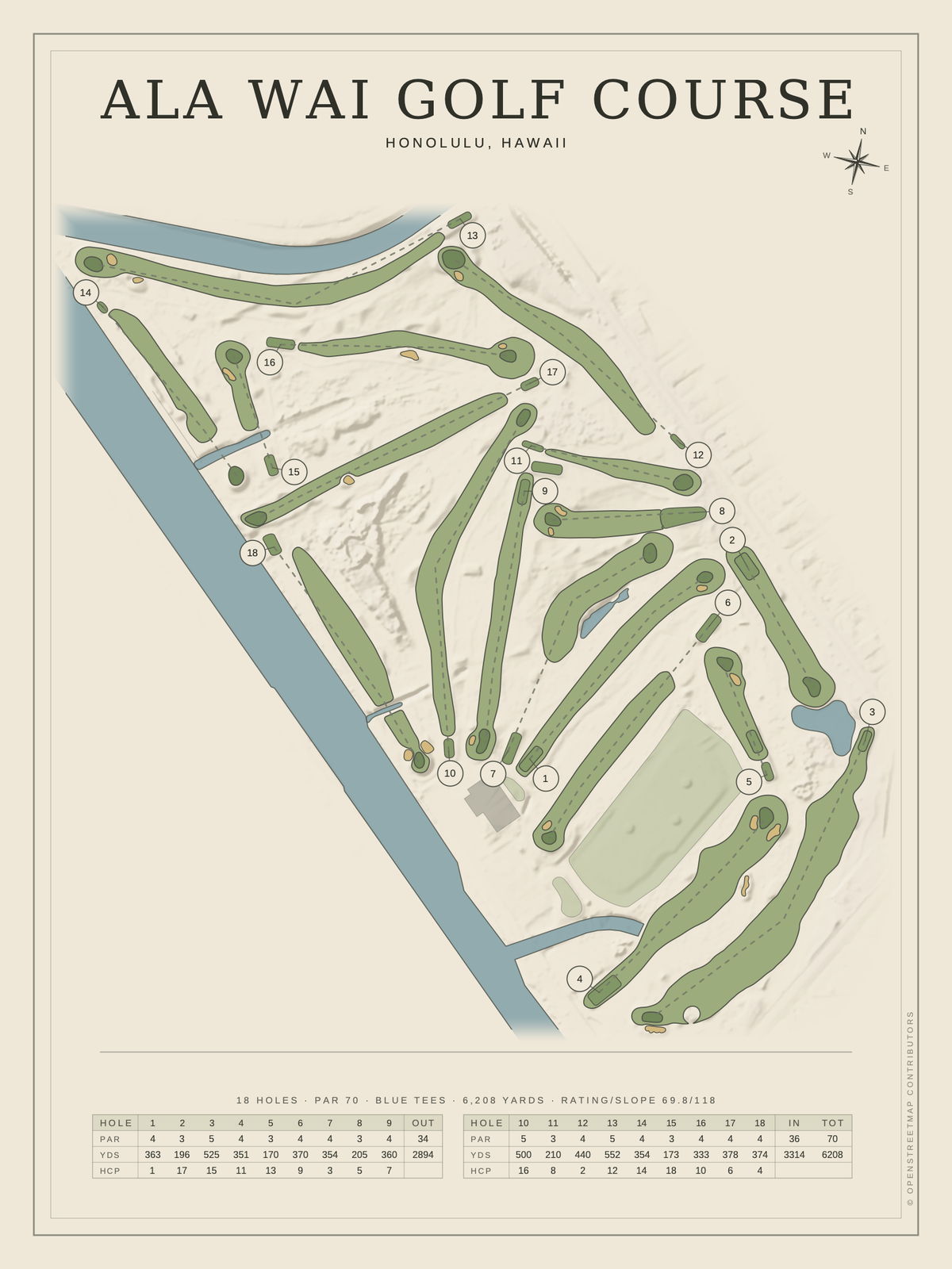 Ala Wai Golf Course map poster, Classic style, 12×16 / 18×24