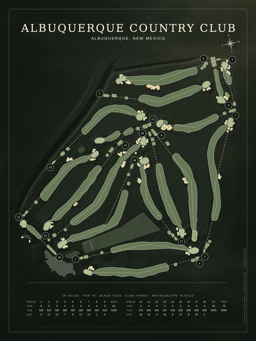 Albuquerque Country Club course map poster, Architectural style, 12×16 / 18×24