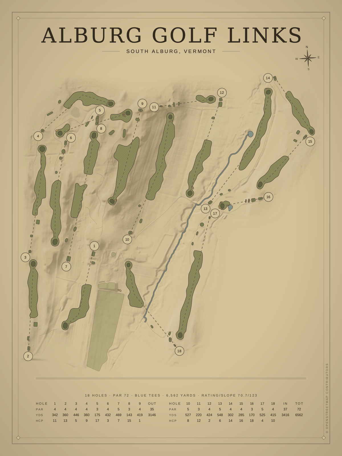 Alburg Golf Links course map poster, Vintage style, 12×16 / 18×24