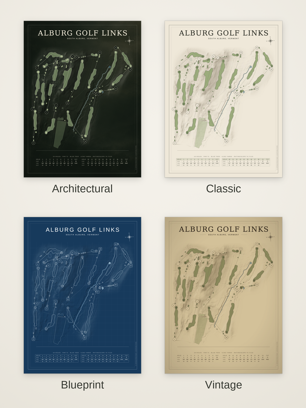 Alburg Golf Links course map poster in four styles: Architectural, Classic, Blueprint and Vintage