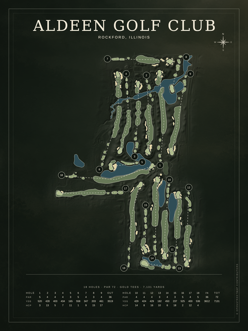 Aldeen Golf Club course map poster, Architectural style, 12×16 / 18×24