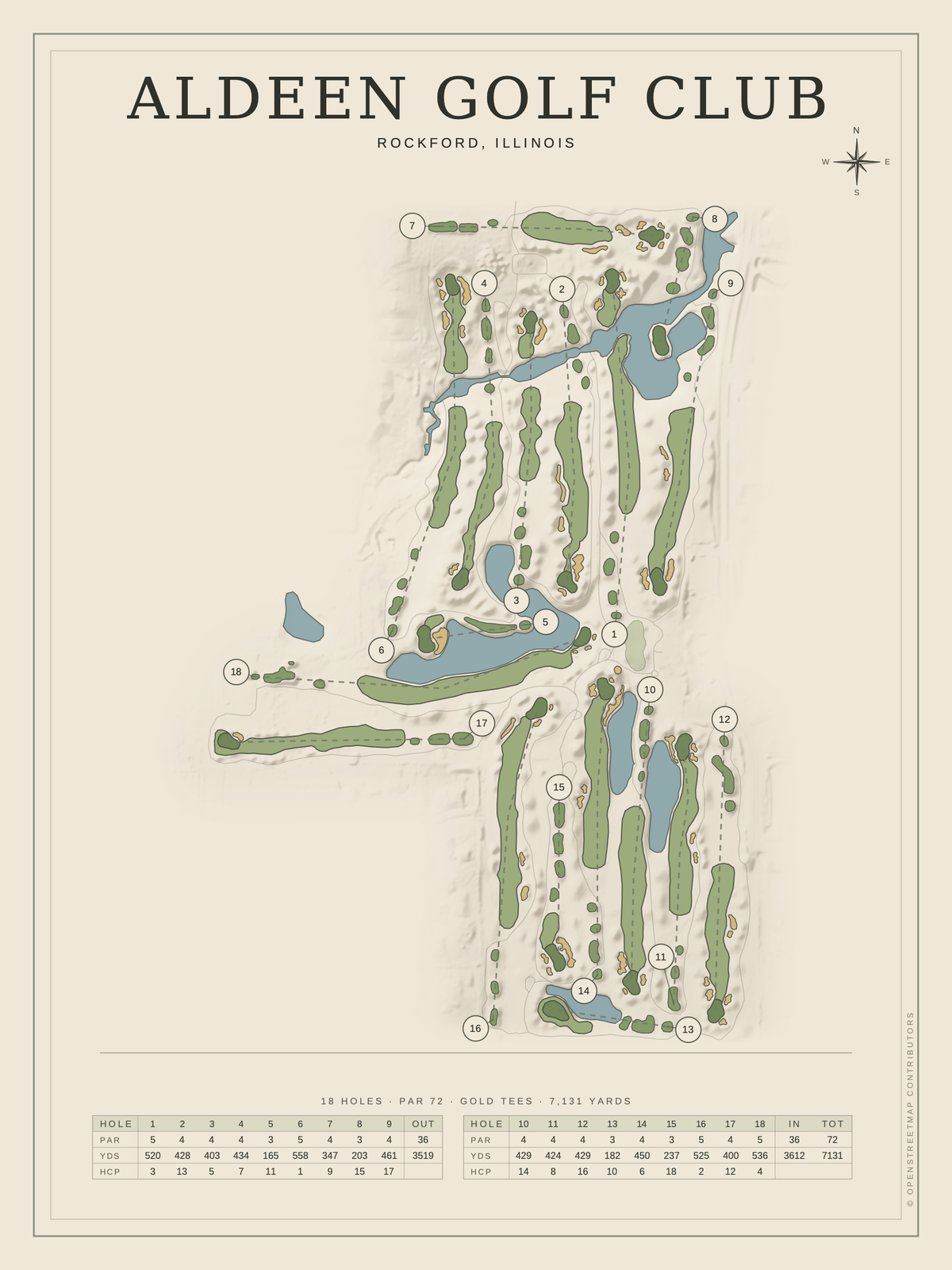 Aldeen Golf Club course map poster, Classic style, 12×16 / 18×24