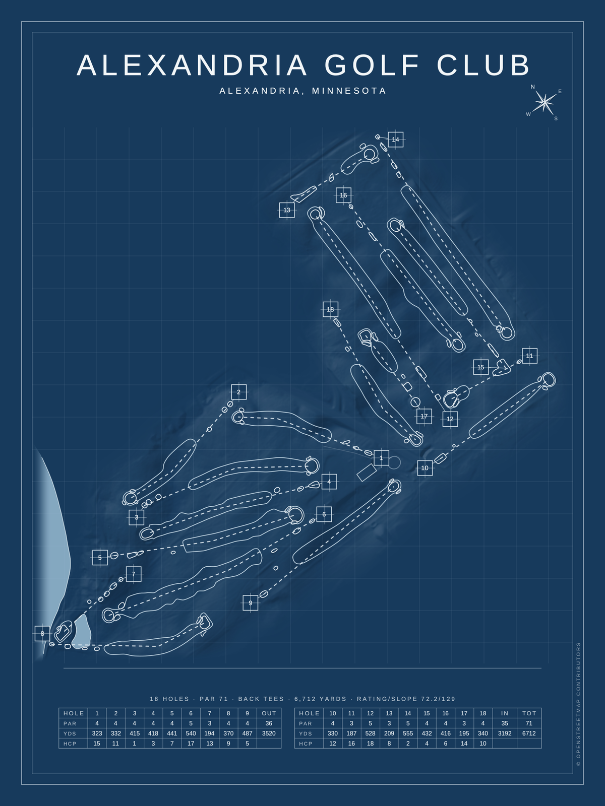 Alexandria Golf Club course map poster, Blueprint style, 12×16 / 18×24