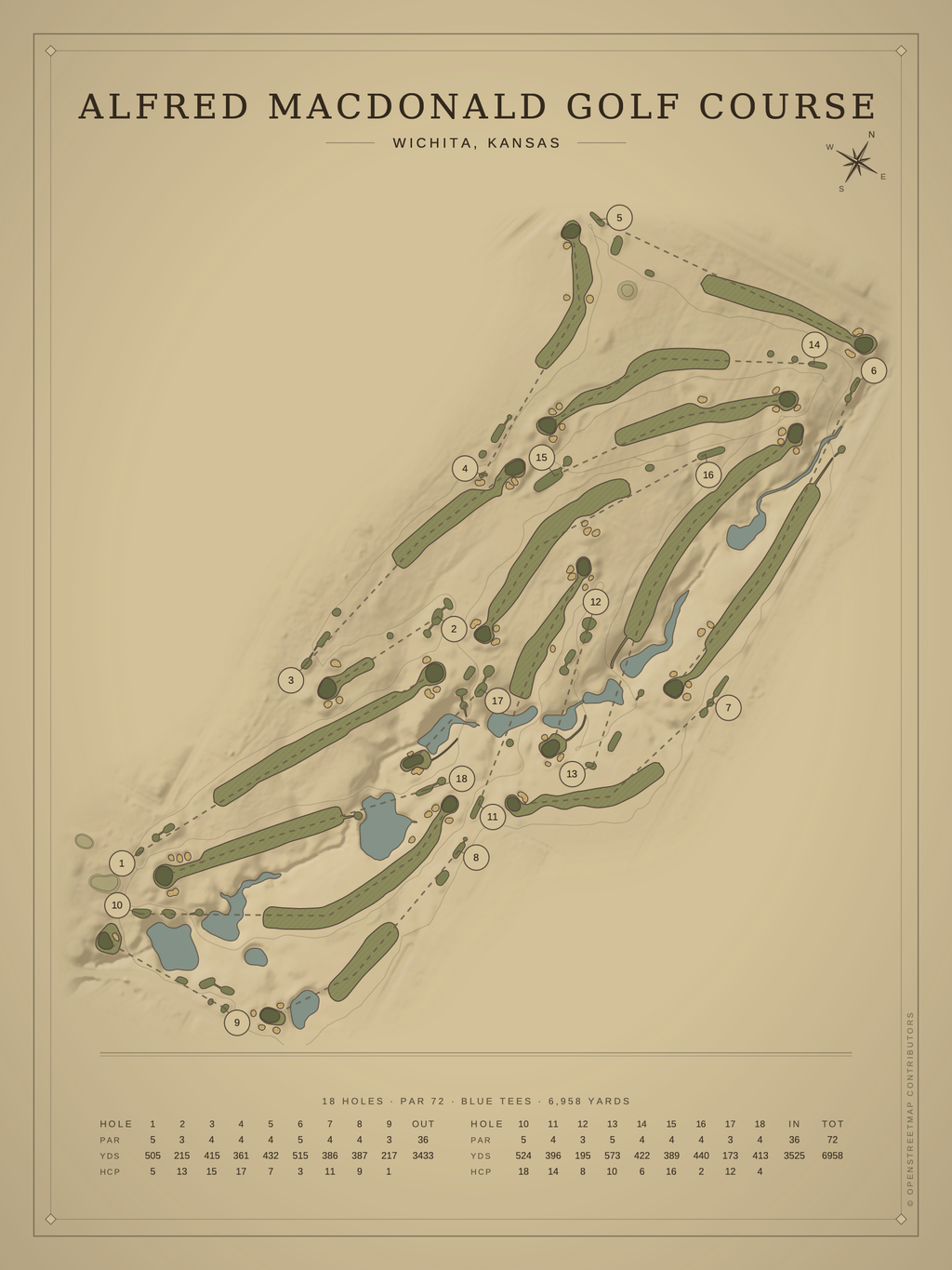 Alfred MacDonald Golf Course map poster, Vintage style, 12×16 / 18×24