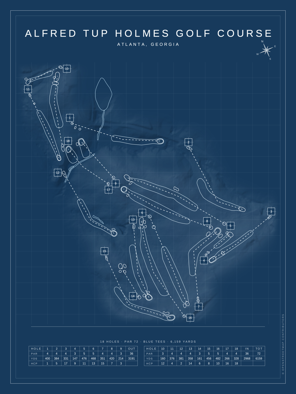 Alfred Tup Holmes Golf Course map poster, Blueprint style, 12×16 / 18×24