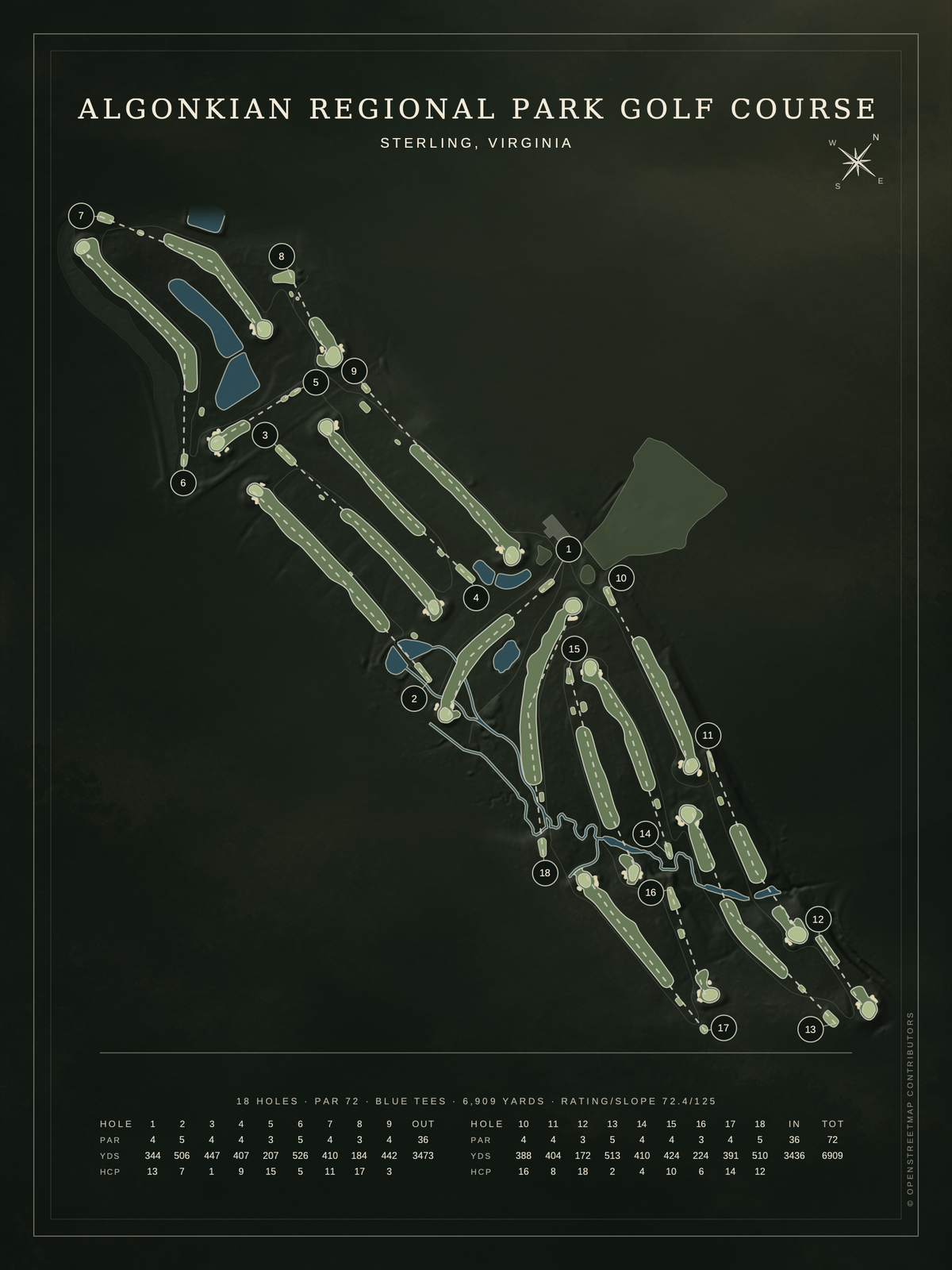 Algonkian Regional Park Golf Course map poster, Architectural style, 12×16 / 18×24