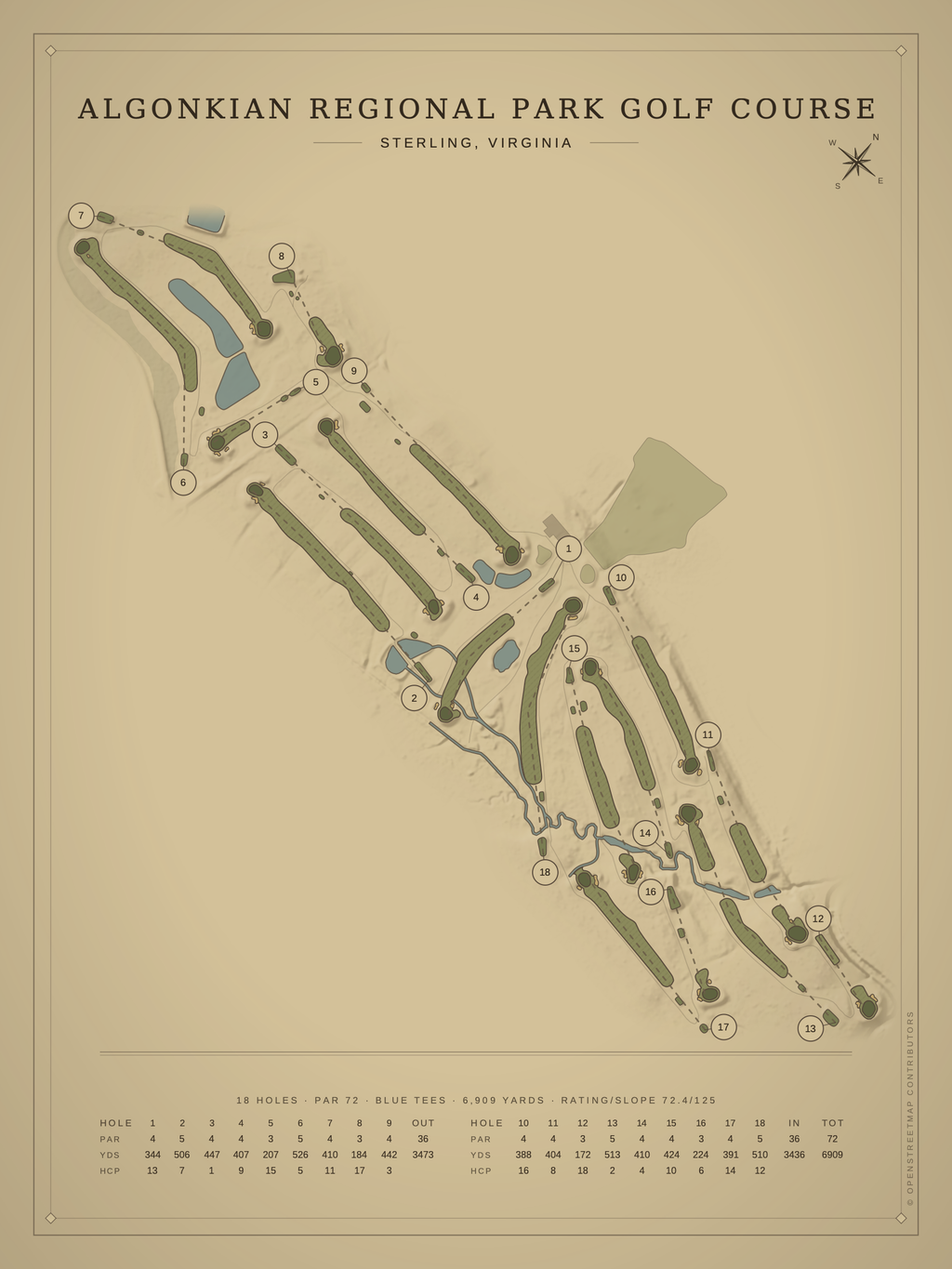 Algonkian Regional Park Golf Course map poster, Vintage style, 12×16 / 18×24