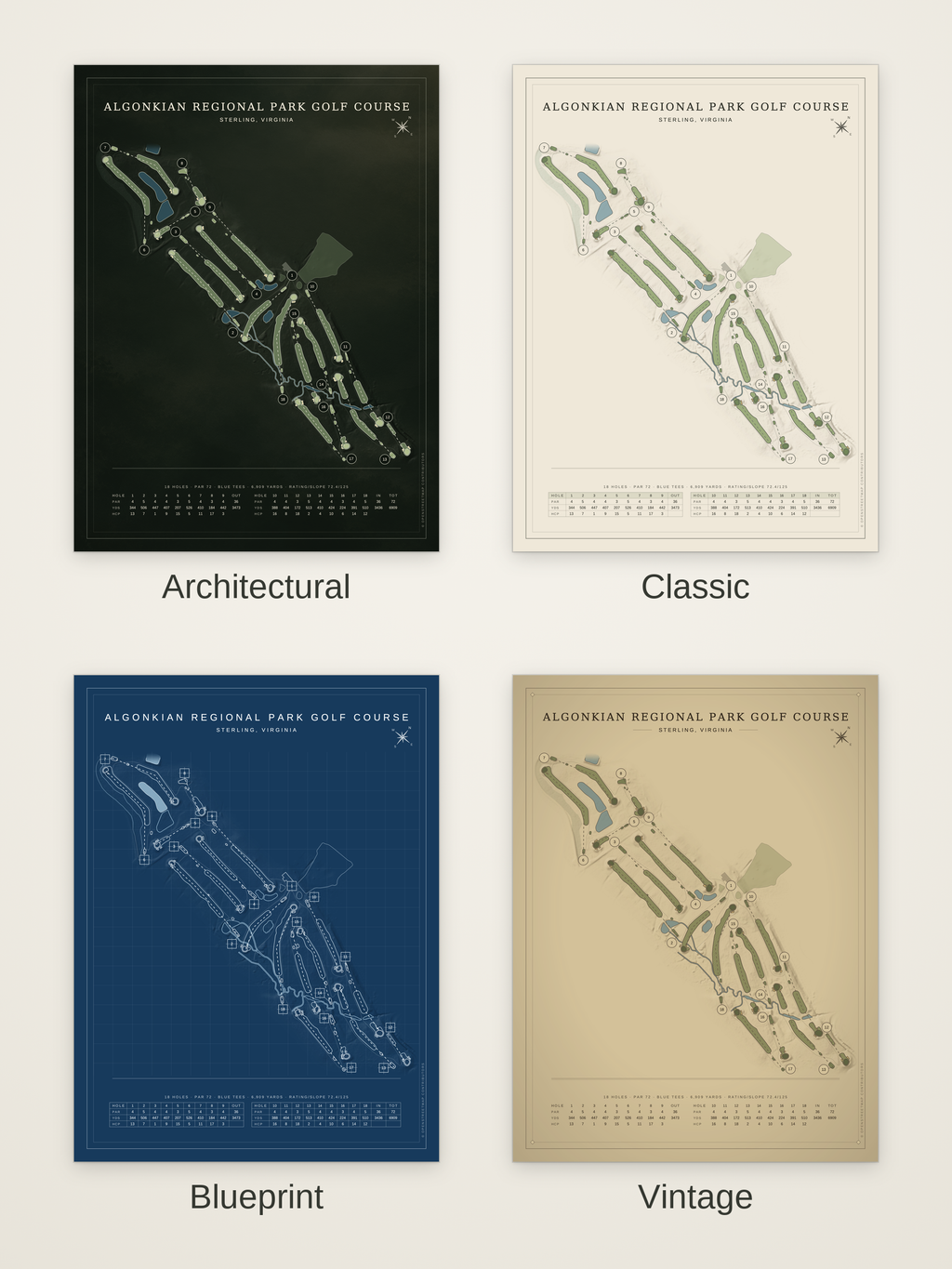 Algonkian Regional Park Golf Course map poster in four styles: Architectural, Classic, Blueprint and Vintage