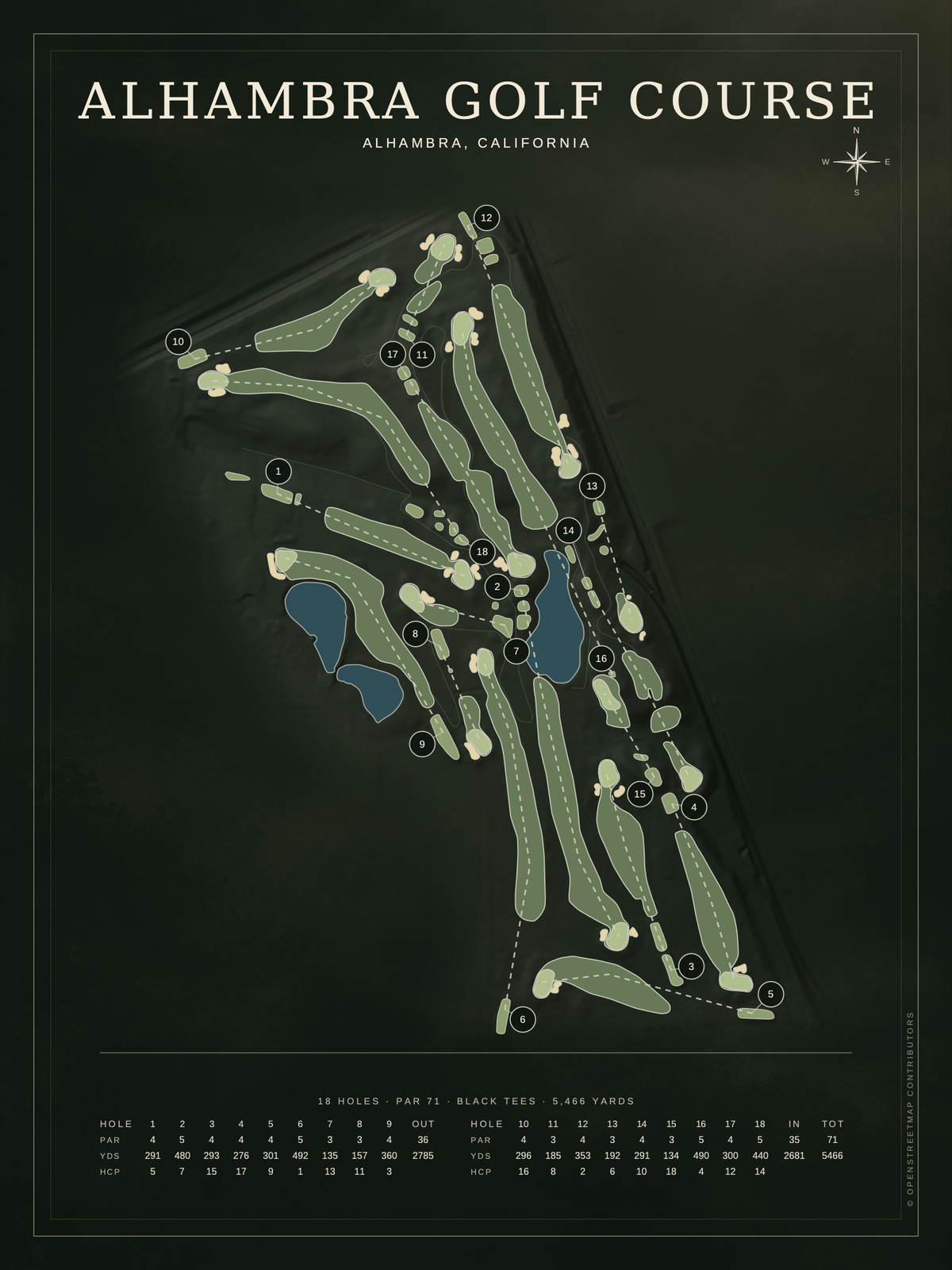 Alhambra Golf Course map poster, Architectural style, 12×16 / 18×24