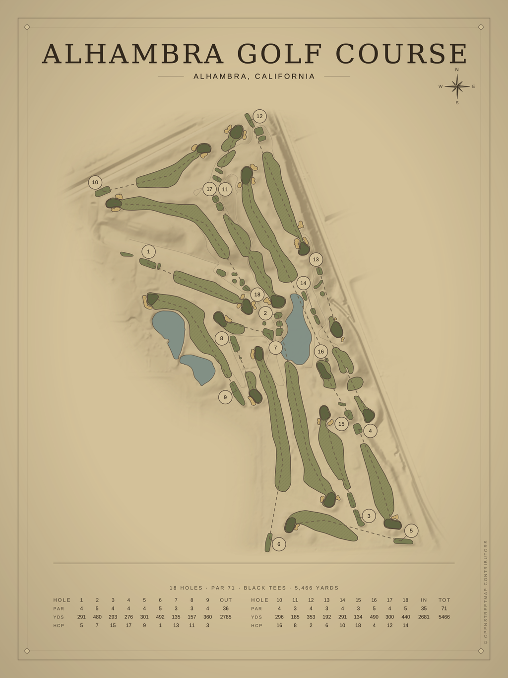 Alhambra Golf Course map poster, Vintage style, 12×16 / 18×24