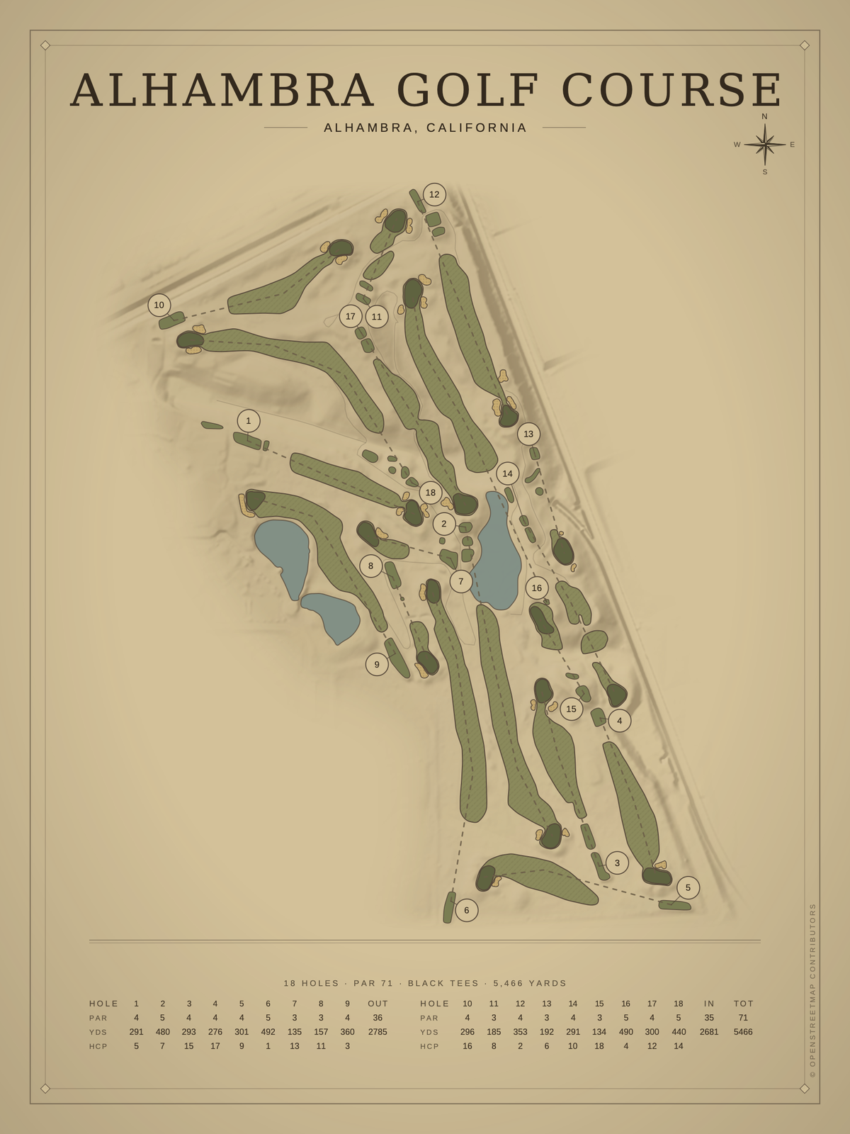 Alhambra Golf Course map poster, Vintage style, 12×16 / 18×24