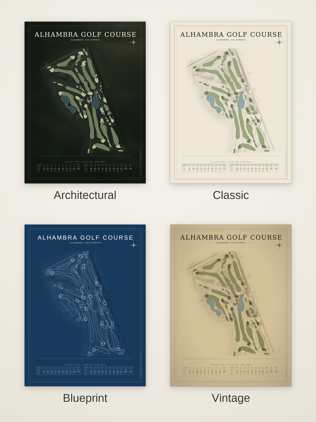 Alhambra Golf Course map poster in four styles: Architectural, Classic, Blueprint and Vintage