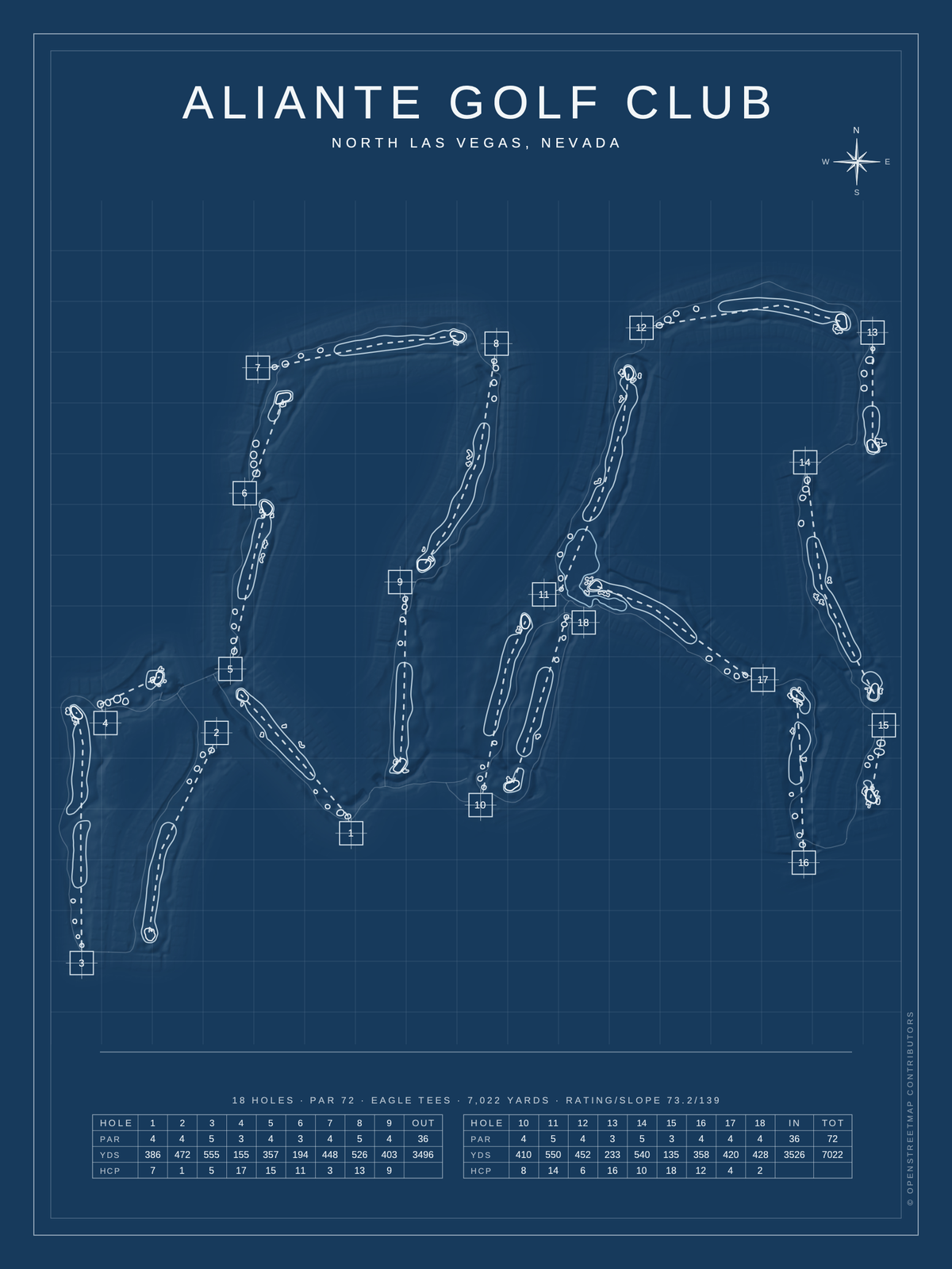 Aliante Golf Club course map poster, Blueprint style, 12×16 / 18×24