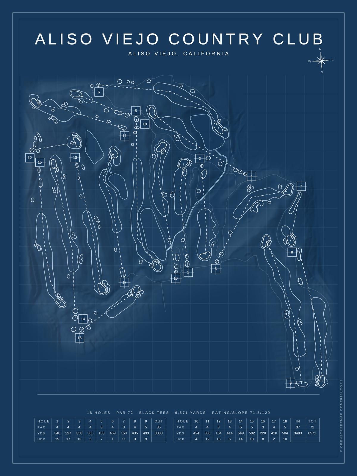 Aliso Viejo Country Club course map poster, Blueprint style, 12×16 / 18×24